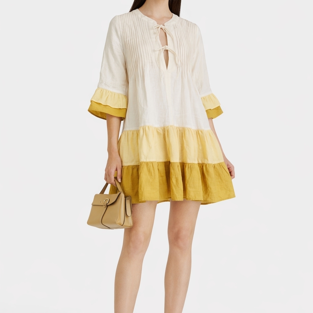 CASA RAKI Nina Tiered Color-Block Organic Linen Mini Dress - NWOT - XS